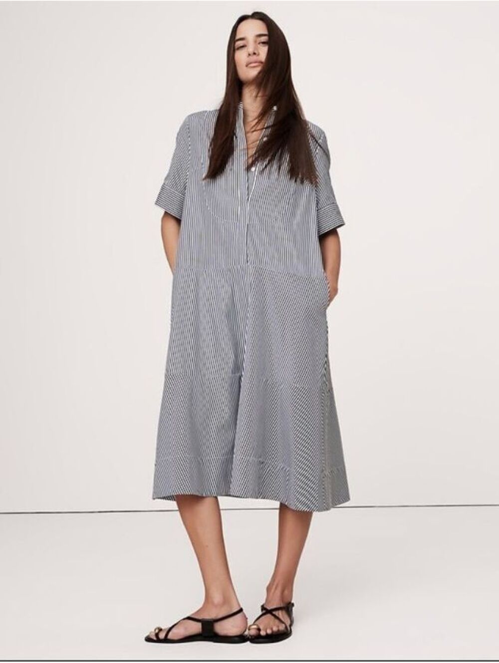 Banana Republic Cotton Poplin Tuxedo-Front Midi Dress Navy Blue Stripe XXS